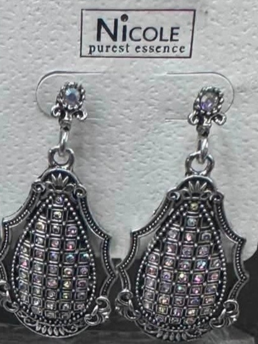 Nicole Silver-Tone Filigree Teardrop Earrings with Iridescent Accents